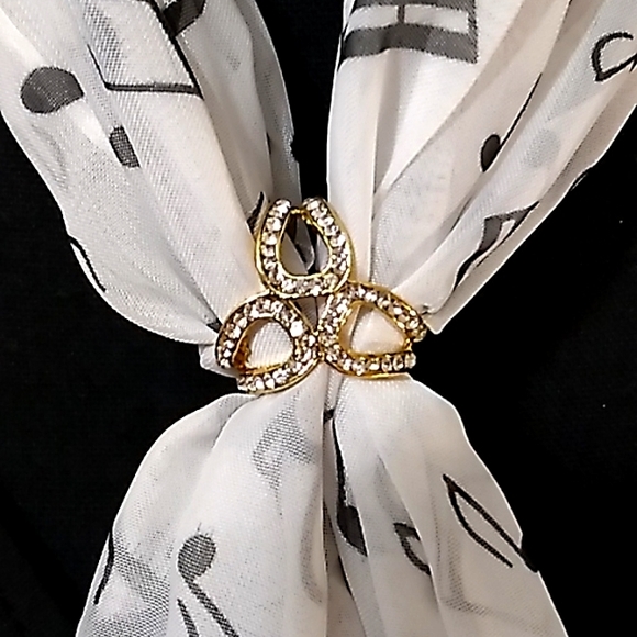 Chiffon Black Music Note Print Wrap Scarf White + Scarf Buckle - Picture 7 of 16